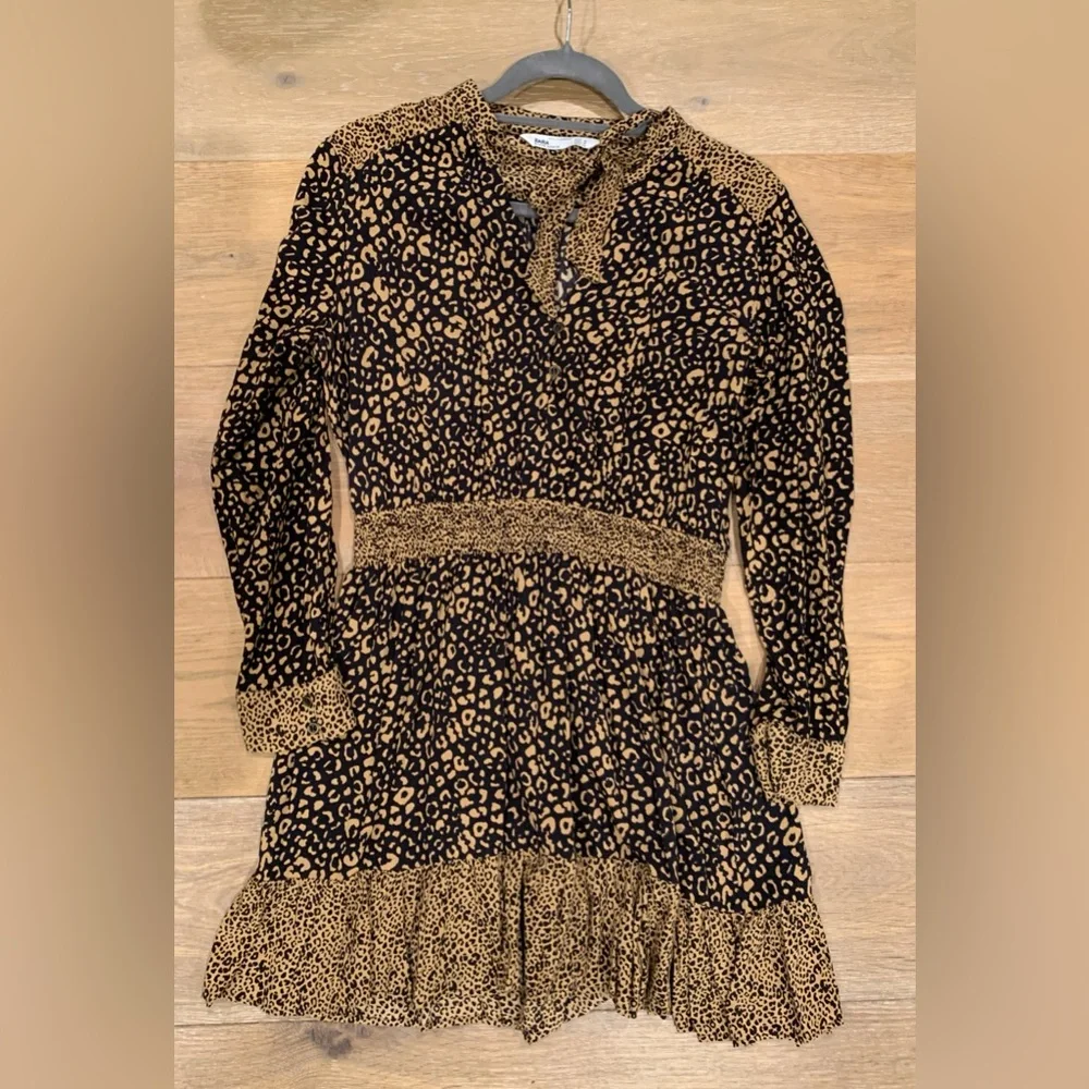 ZARA Leopard Print Festival Boho Date Night Long Sleeve Dress Tan Black Size M - Picture 3 of 8